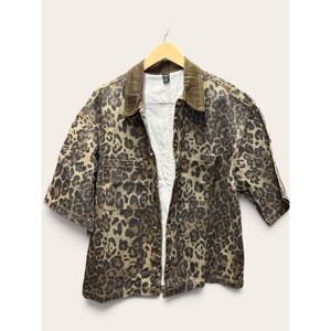 Romwe Mens Leopard Print Short Sleeve Denim Style Jacket Brown Tan Large NWT